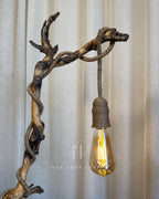 Willow Yard Lamp - Curved wood stem with jute drop bulb and mini homestead