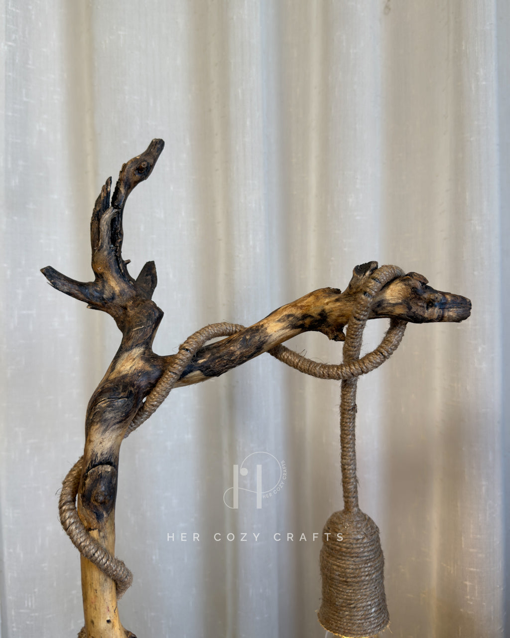 Willow Yard Lamp - Curved wood stem with jute drop bulb and mini homestead