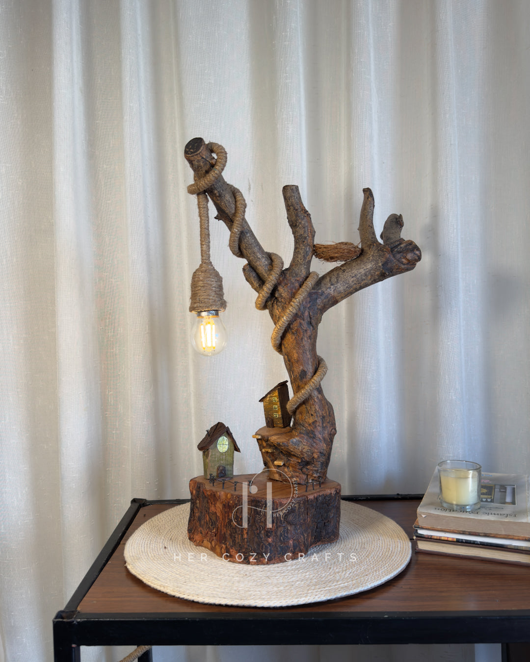 Hillhouse Branch Lamp - Forked driftwood stem with hanging bulb and cottage base