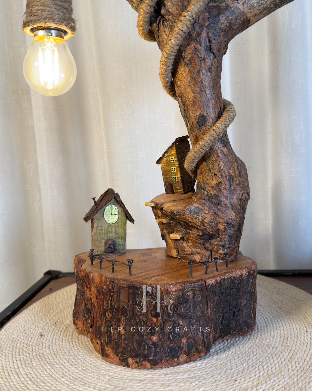 Hillhouse Branch Lamp - Forked driftwood stem with hanging bulb and cottage base