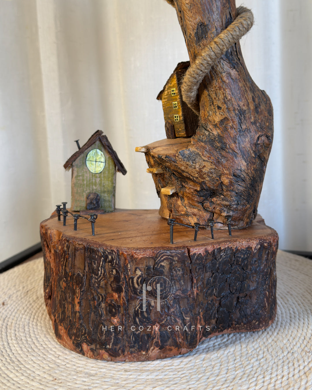 Hillhouse Branch Lamp - Forked driftwood stem with hanging bulb and cottage base
