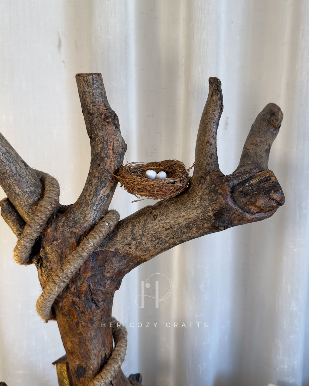Hillhouse Branch Lamp - Forked driftwood stem with hanging bulb and cottage base