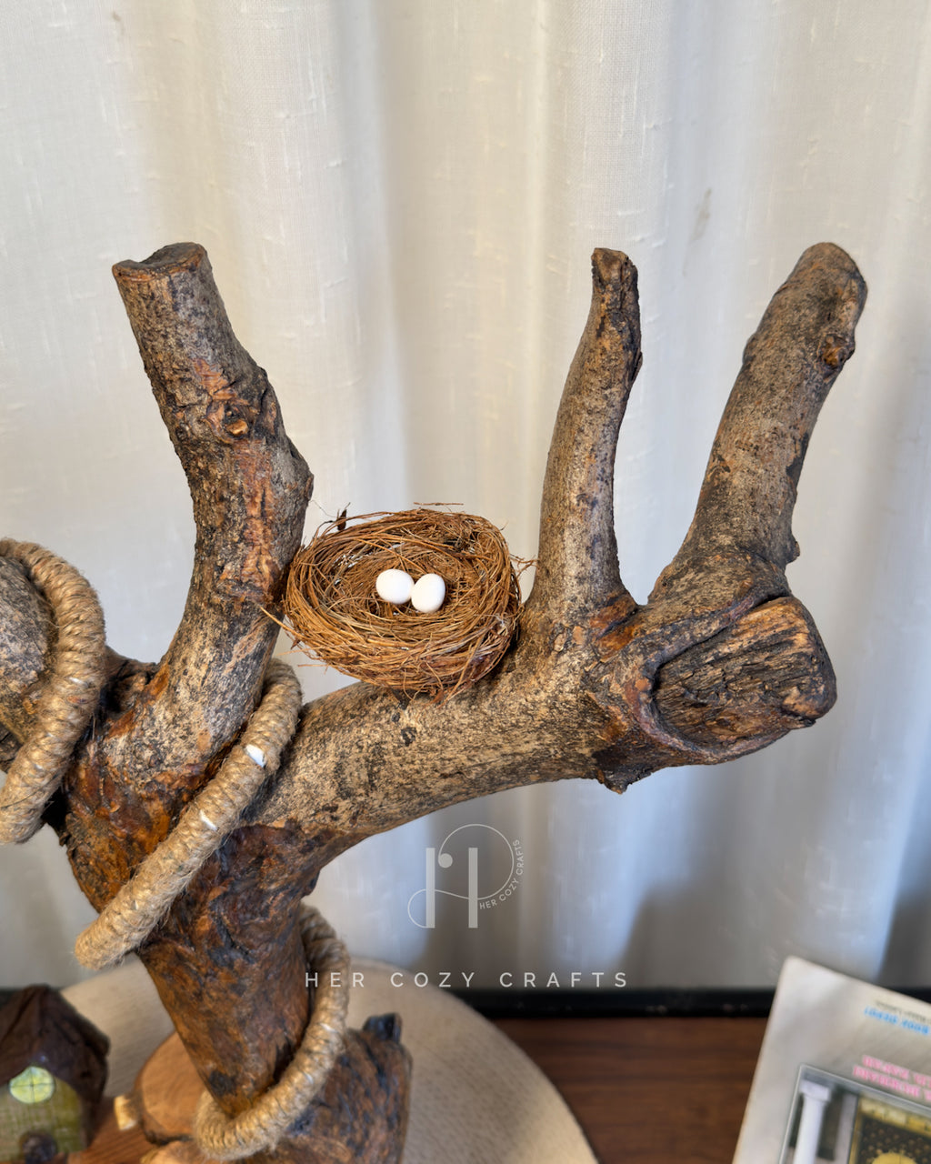 Hillhouse Branch Lamp - Forked driftwood stem with hanging bulb and cottage base