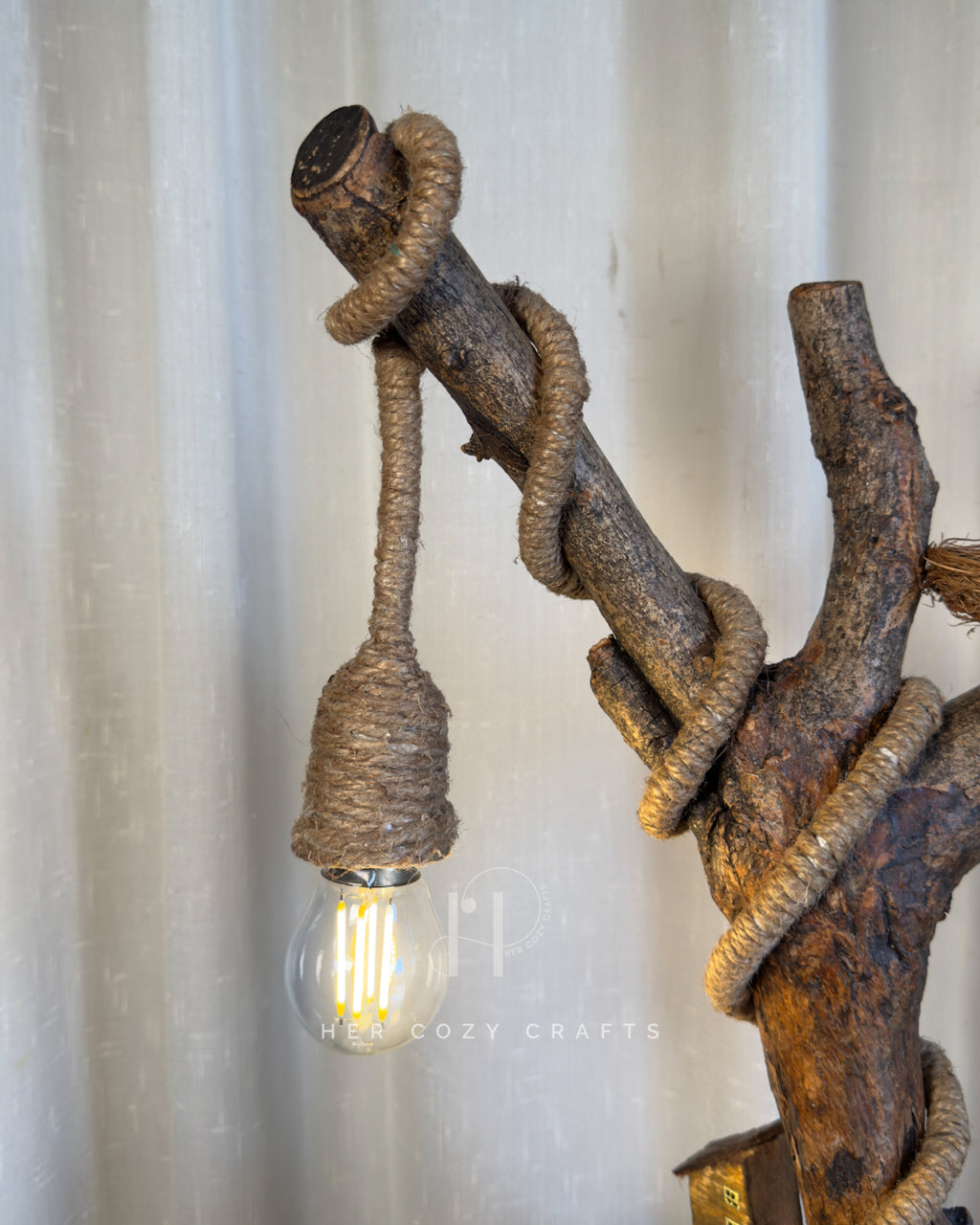 Hillhouse Branch Lamp - Forked driftwood stem with hanging bulb and cottage base