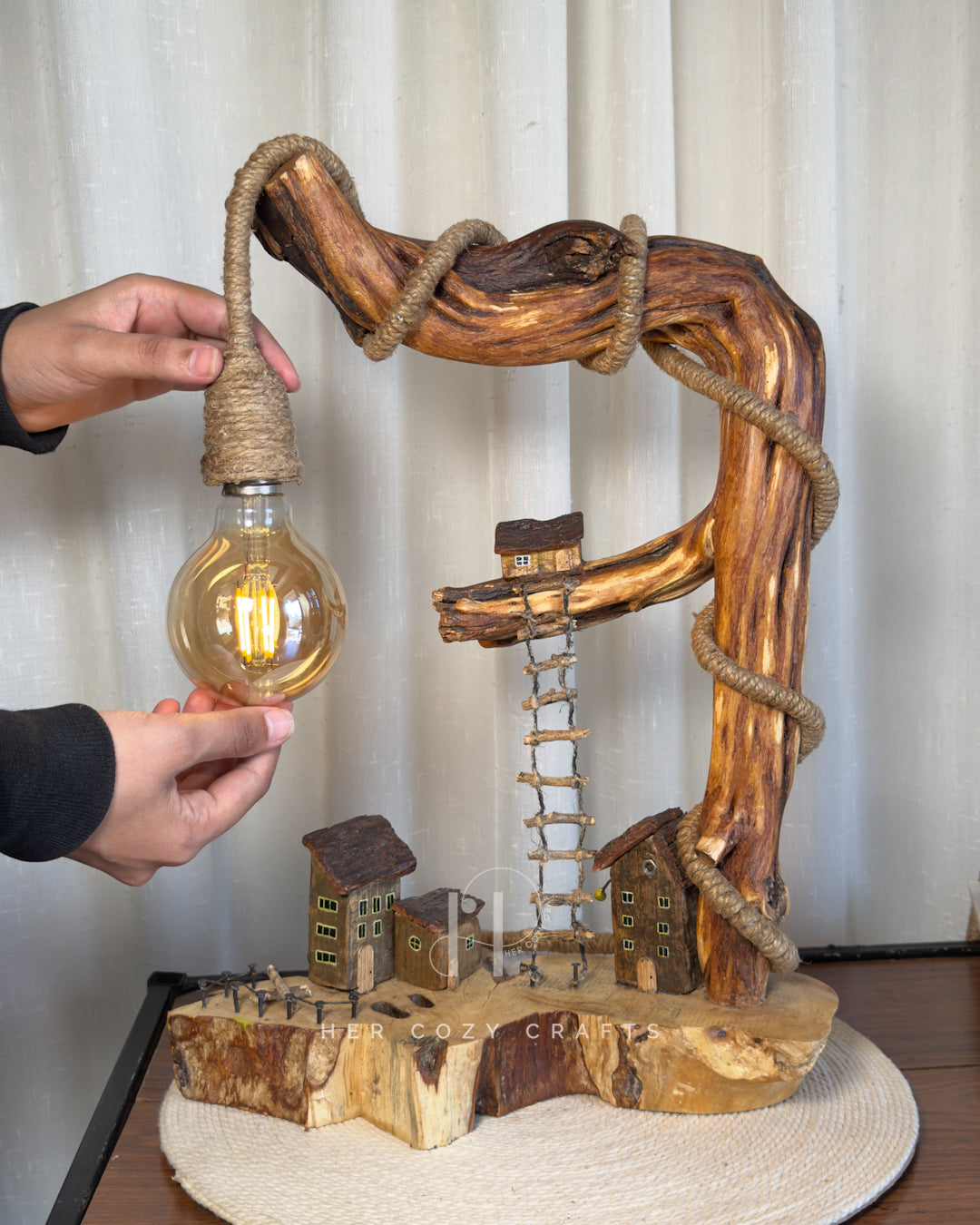 Ladder Cliff Lamp - Sculpted wood arch with drop bulb and tiny houses