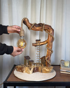 Ladder Cliff Lamp - Sculpted wood arch with drop bulb and tiny houses