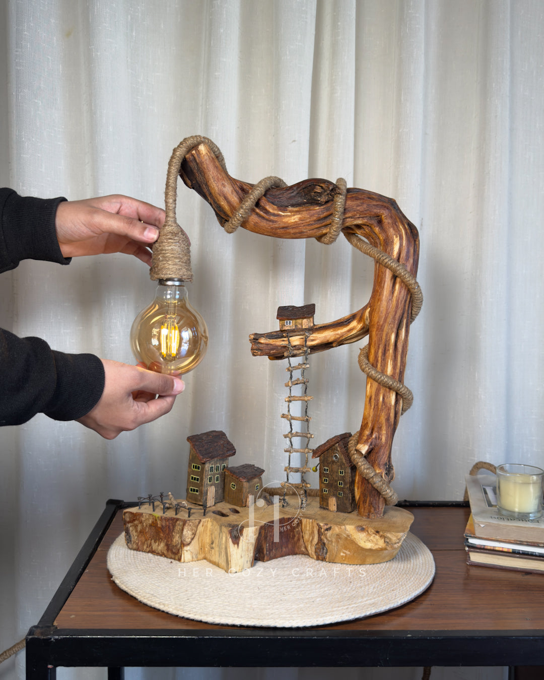 Ladder Cliff Lamp - Sculpted wood arch with drop bulb and tiny houses