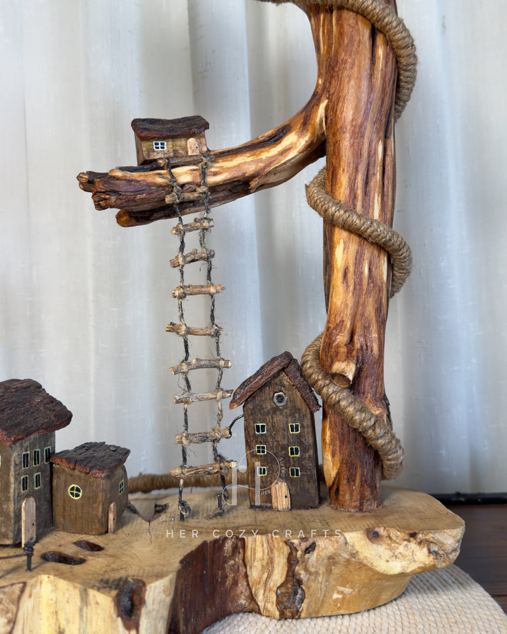 Ladder Cliff Lamp - Sculpted wood arch with drop bulb and tiny houses