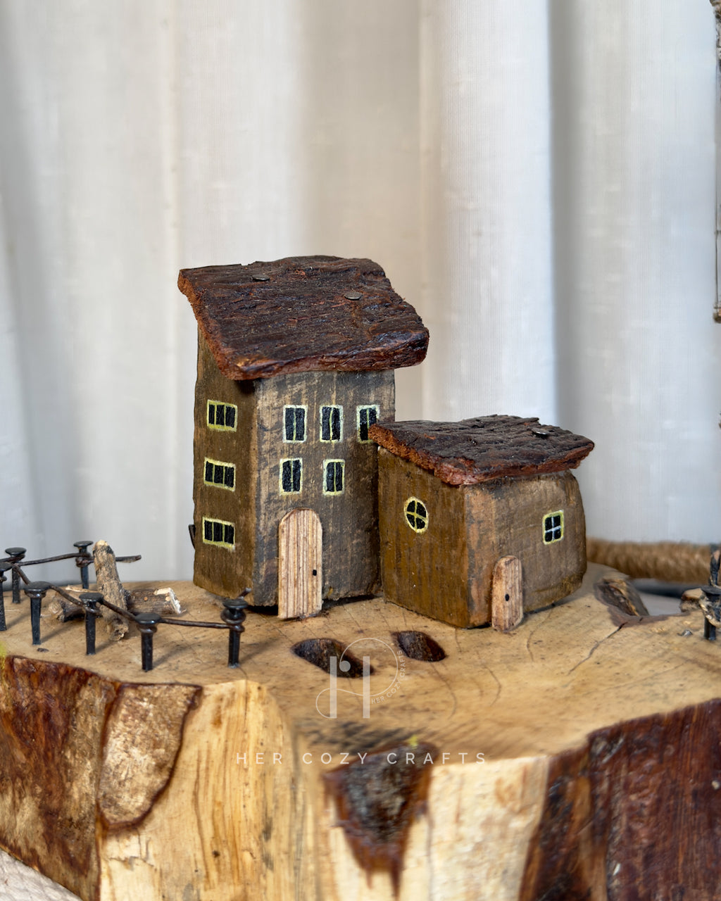 Ladder Cliff Lamp - Sculpted wood arch with drop bulb and tiny houses
