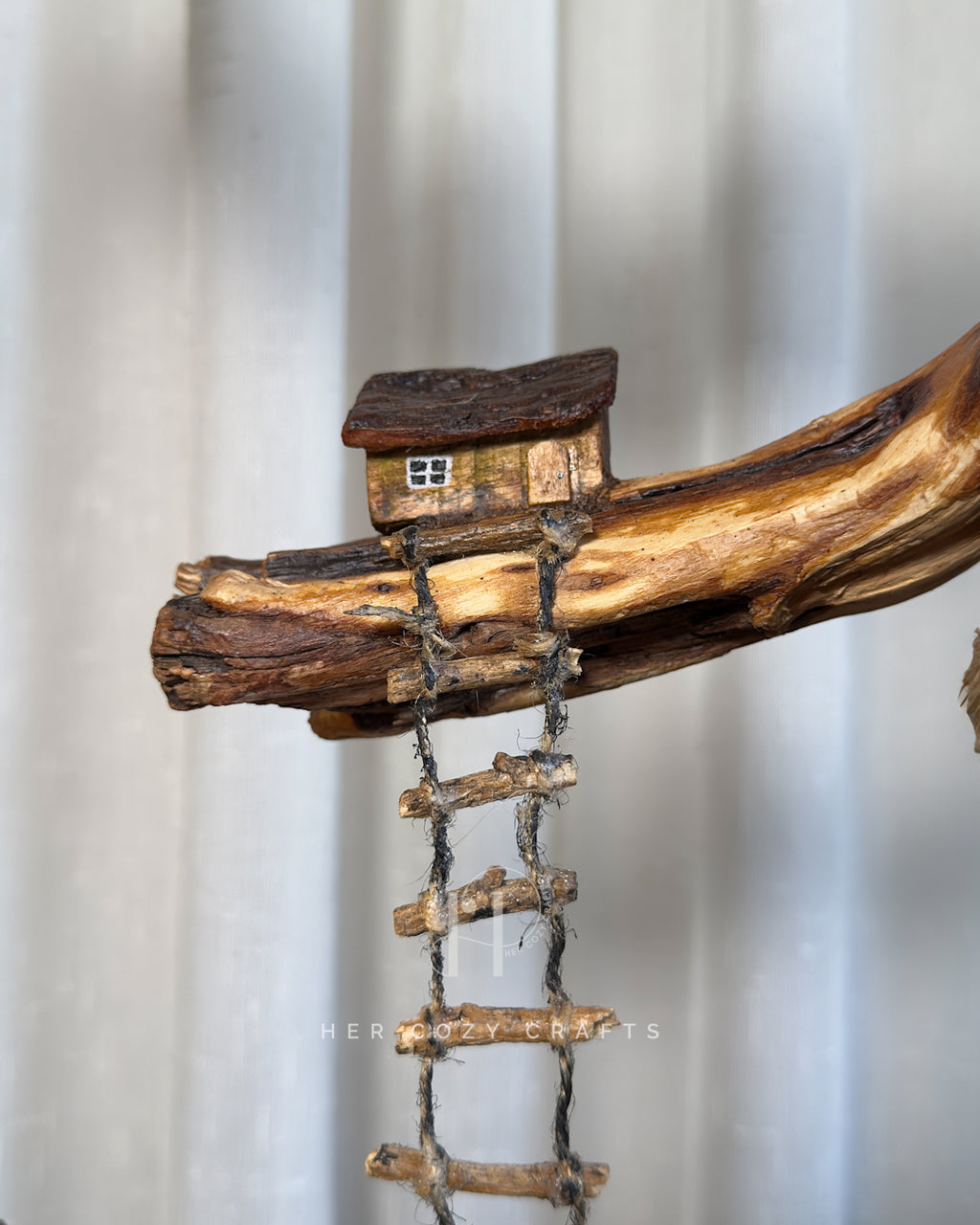 Ladder Cliff Lamp - Sculpted wood arch with drop bulb and tiny houses