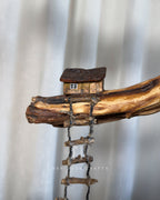 Ladder Cliff Lamp - Sculpted wood arch with drop bulb and tiny houses