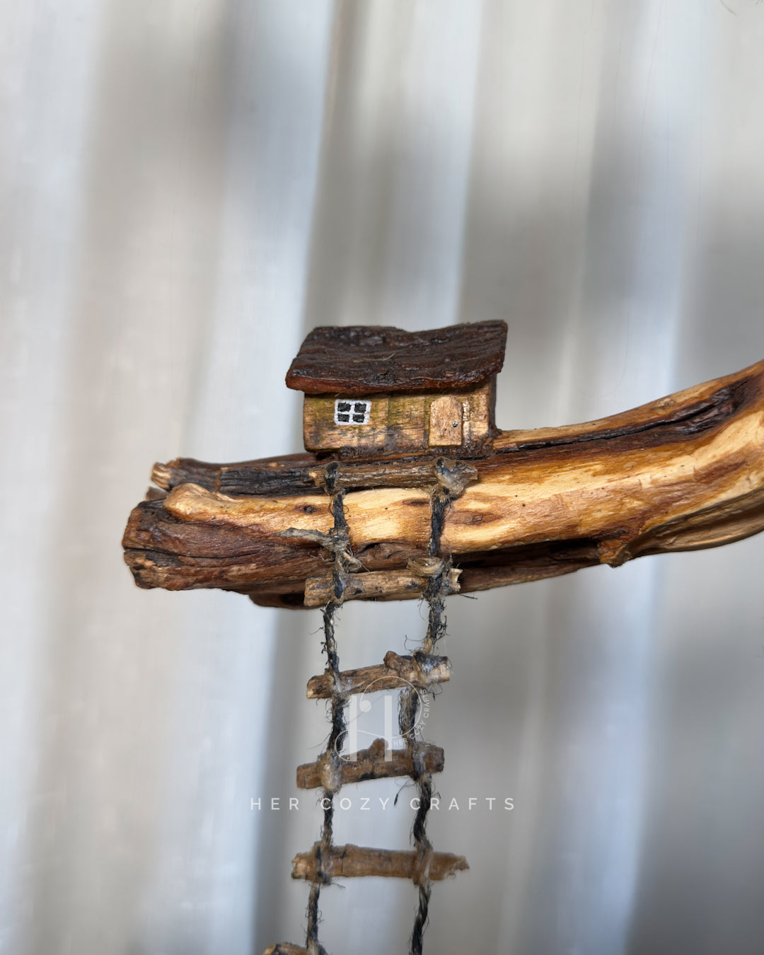 Ladder Cliff Lamp - Sculpted wood arch with drop bulb and tiny houses