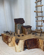 Ladder Cliff Lamp - Sculpted wood arch with drop bulb and tiny houses