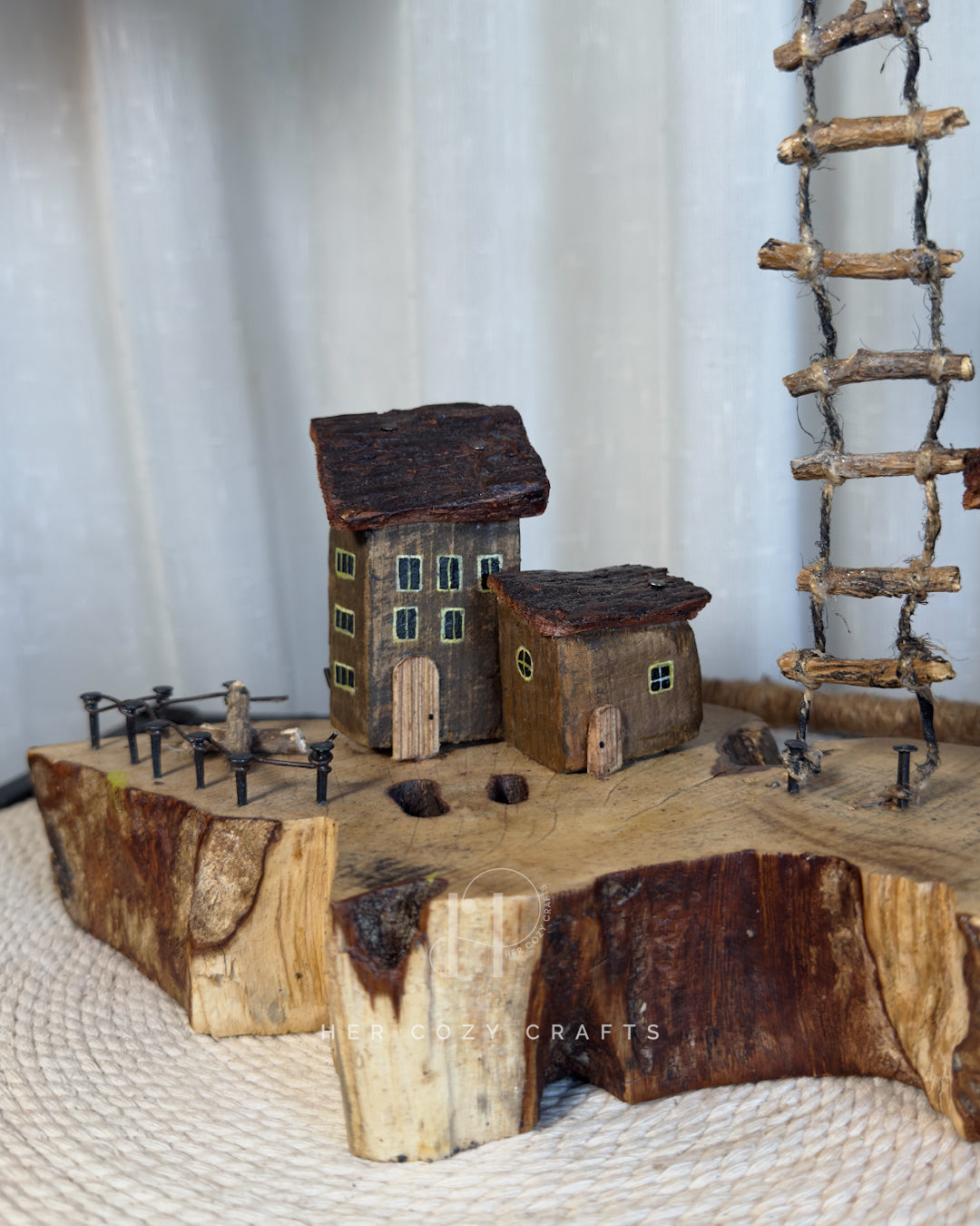 Ladder Cliff Lamp - Sculpted wood arch with drop bulb and tiny houses