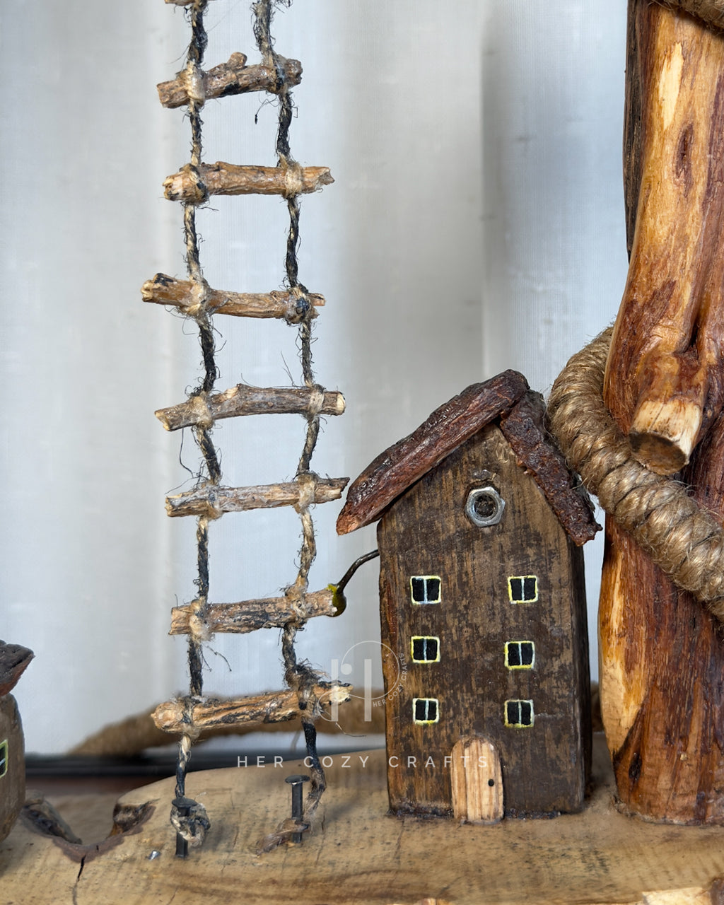 Ladder Cliff Lamp - Sculpted wood arch with drop bulb and tiny houses