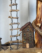Ladder Cliff Lamp - Sculpted wood arch with drop bulb and tiny houses
