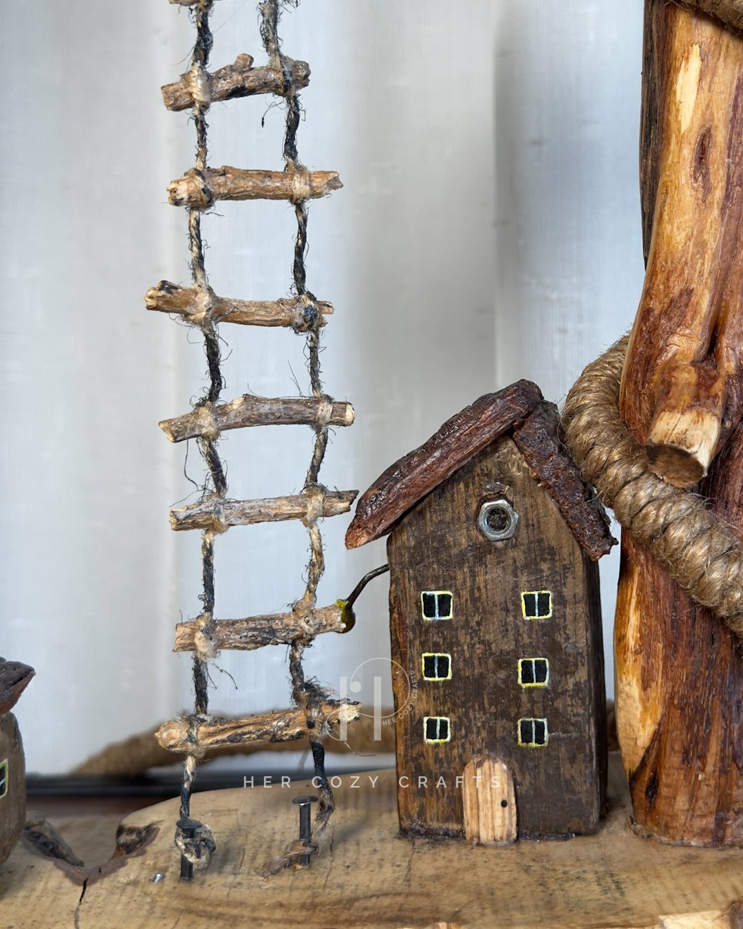 Ladder Cliff Lamp - Sculpted wood arch with drop bulb and tiny houses