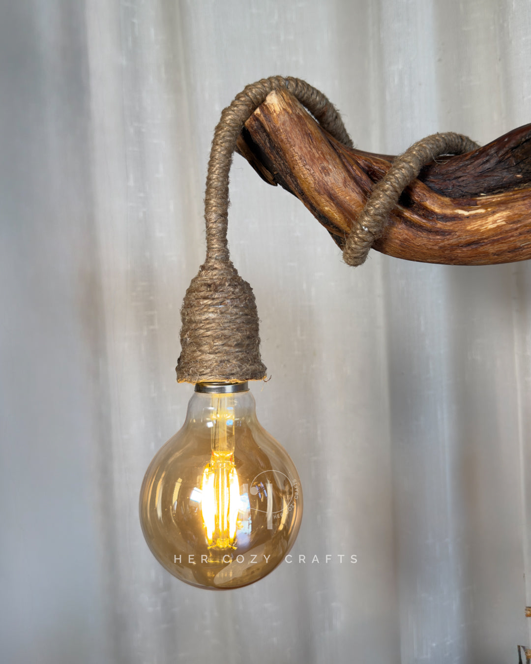 Ladder Cliff Lamp - Sculpted wood arch with drop bulb and tiny houses