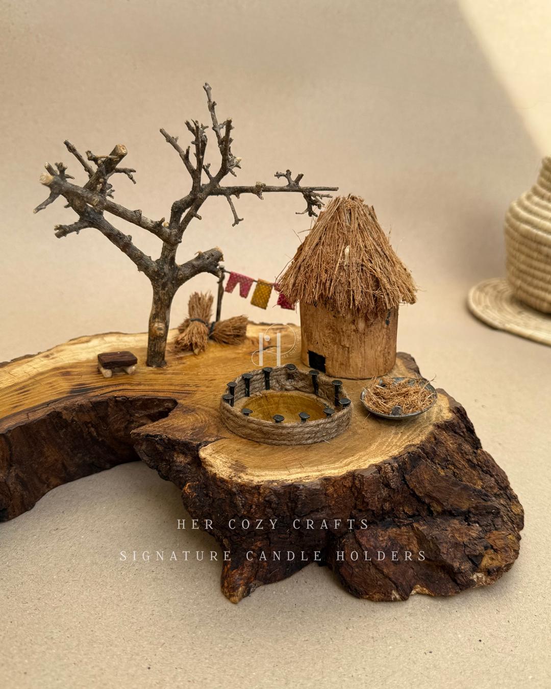 Amberwood Cottage | Signature Tealight Candle Holder with Miniature Hut Scene