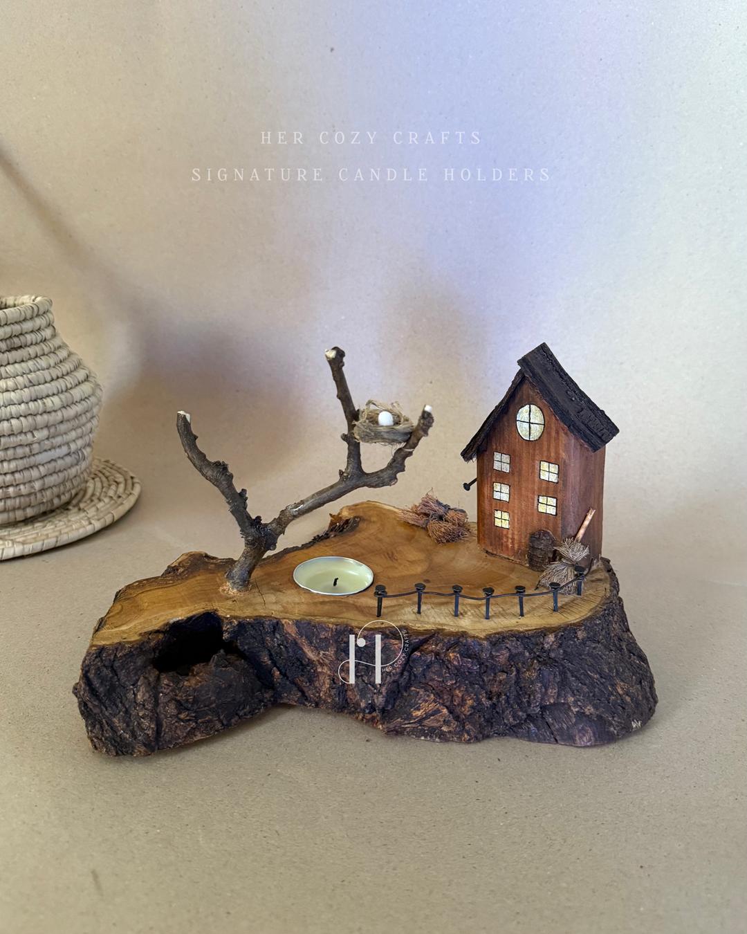 Twignest Home | Handcrafted Wooden Tealight Candle Holder with Miniature House