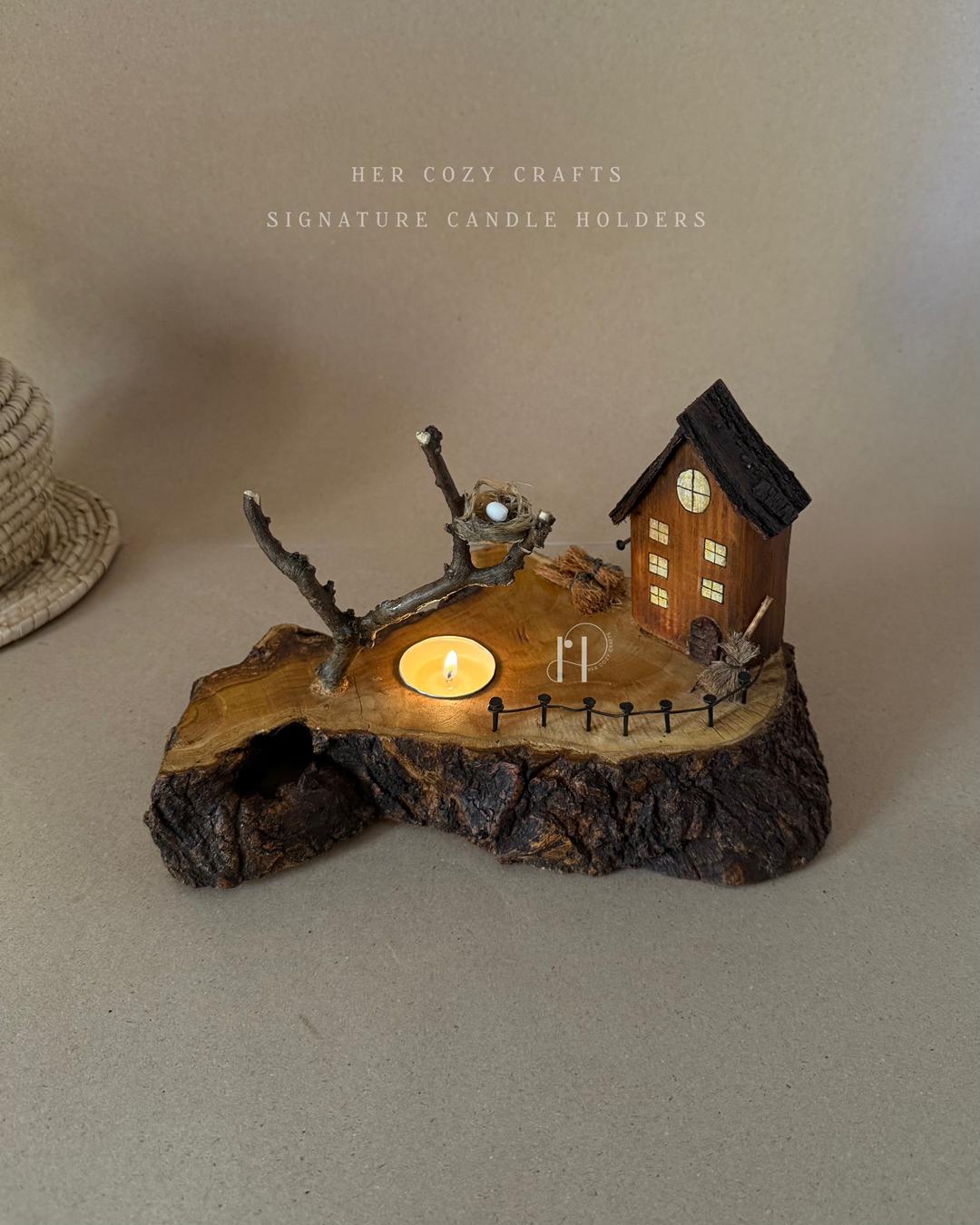 Twignest Home | Handcrafted Wooden Tealight Candle Holder with Miniature House