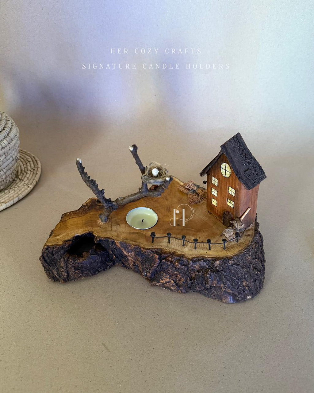 Twignest Home | Handcrafted Wooden Tealight Candle Holder with Miniature House