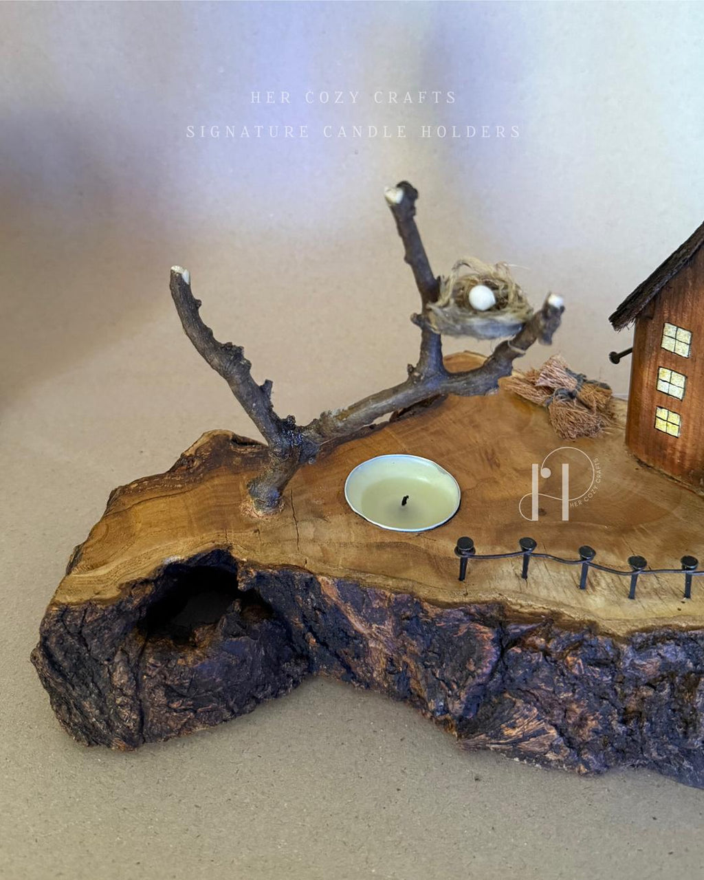 Twignest Home | Handcrafted Wooden Tealight Candle Holder with Miniature House