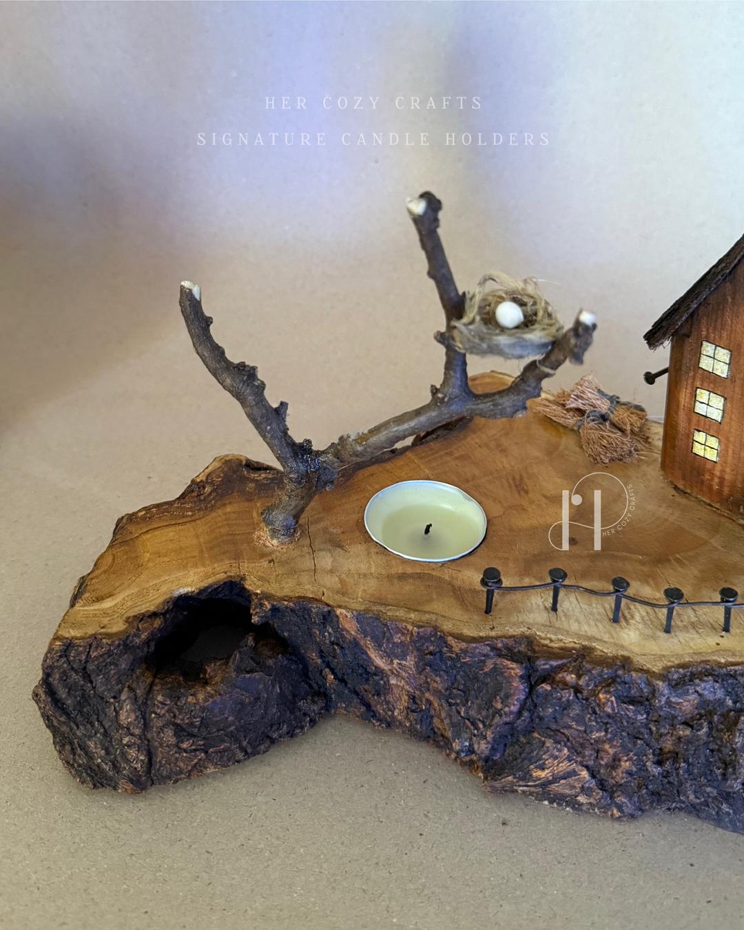 Twignest Home | Handcrafted Wooden Tealight Candle Holder with Miniature House