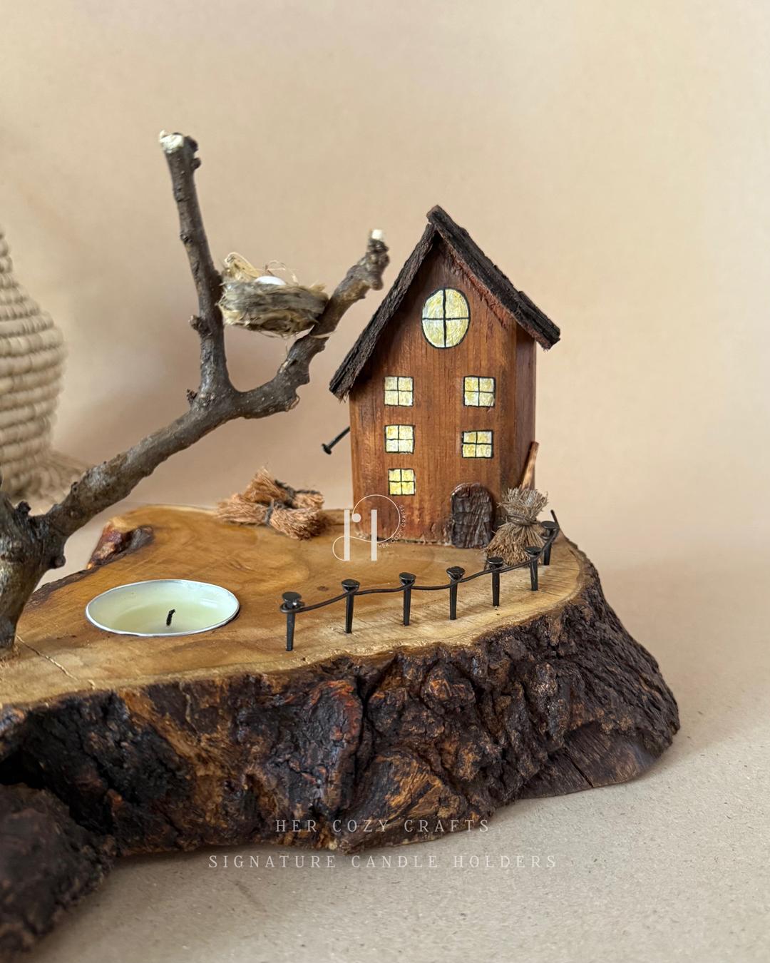 Twignest Home | Handcrafted Wooden Tealight Candle Holder with Miniature House