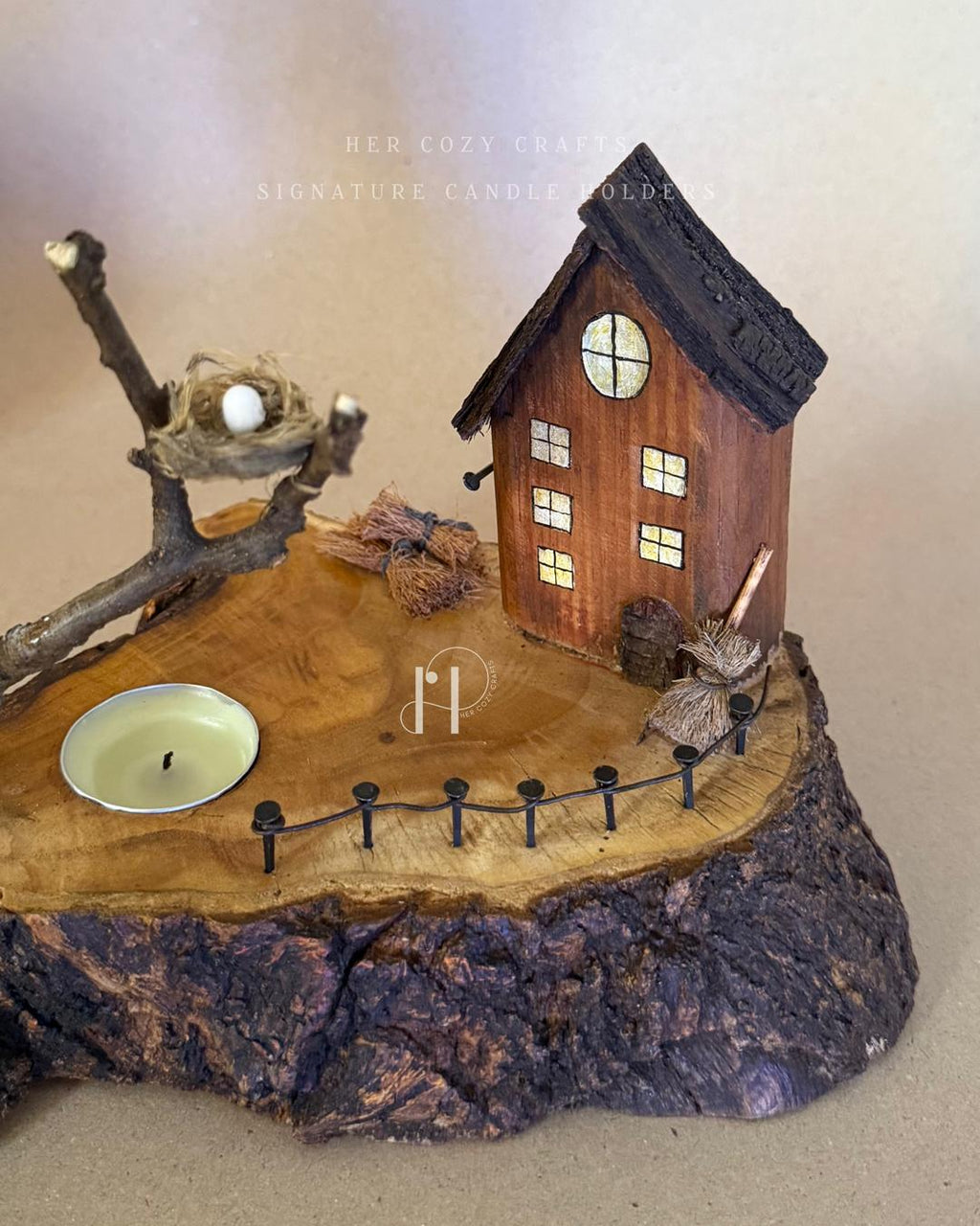 Twignest Home | Handcrafted Wooden Tealight Candle Holder with Miniature House