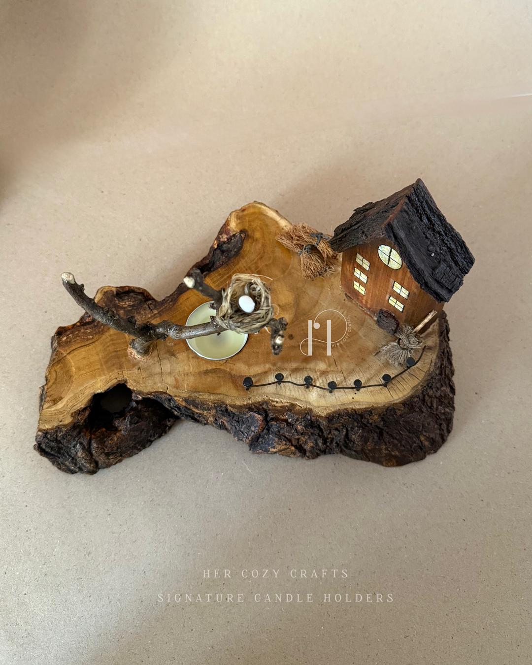 Twignest Home | Handcrafted Wooden Tealight Candle Holder with Miniature House