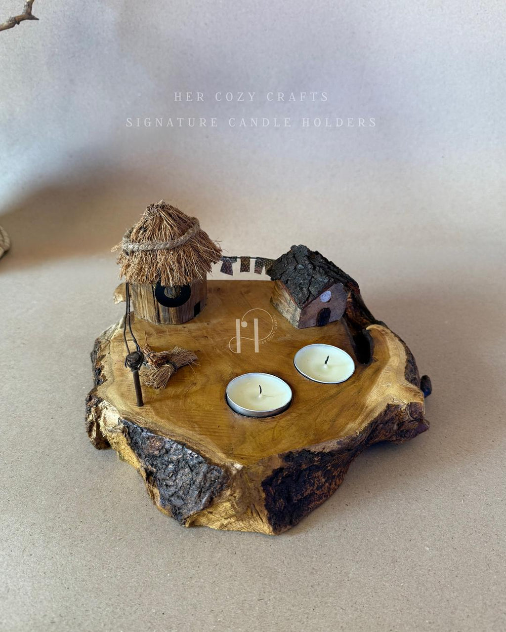 Twinflame Home | Double Tealight Wooden Candle Holder with Miniature Hut Decor