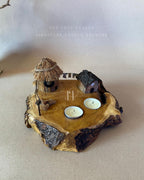 Twinflame Home | Double Tealight Wooden Candle Holder with Miniature Hut Decor