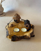 Twinflame Home | Double Tealight Wooden Candle Holder with Miniature Hut Decor