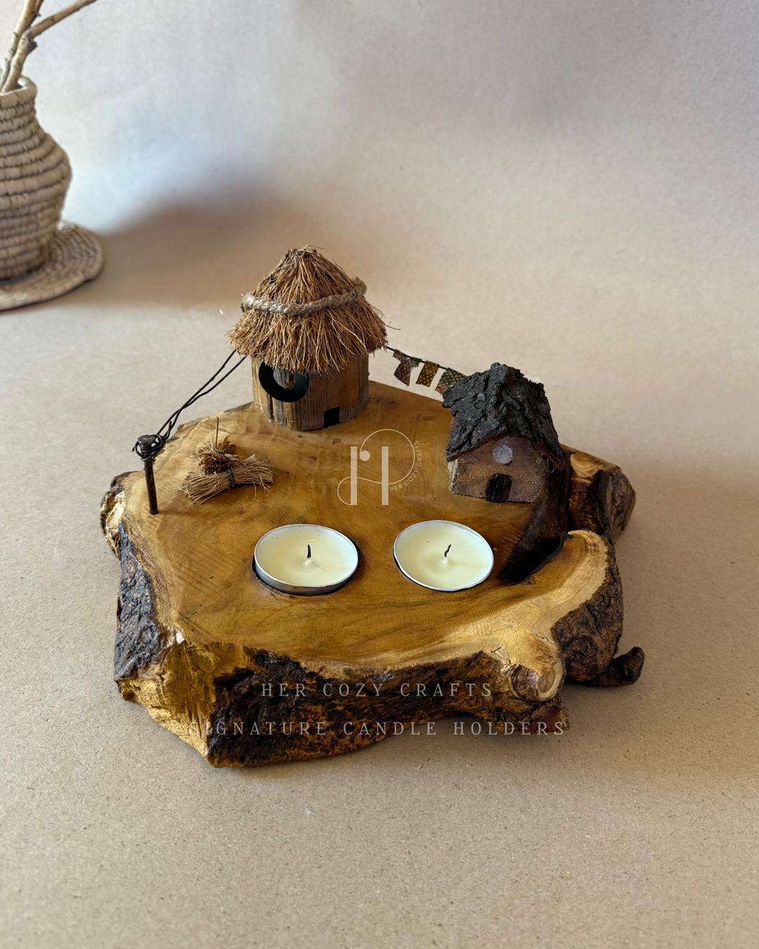 Twinflame Home | Double Tealight Wooden Candle Holder with Miniature Hut Decor