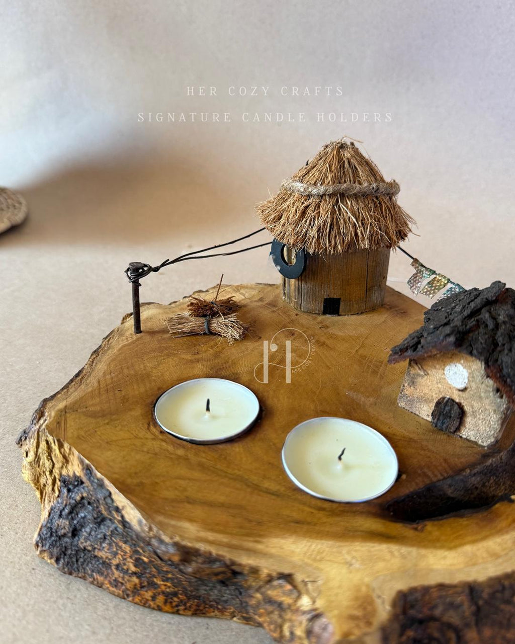Twinflame Home | Double Tealight Wooden Candle Holder with Miniature Hut Decor