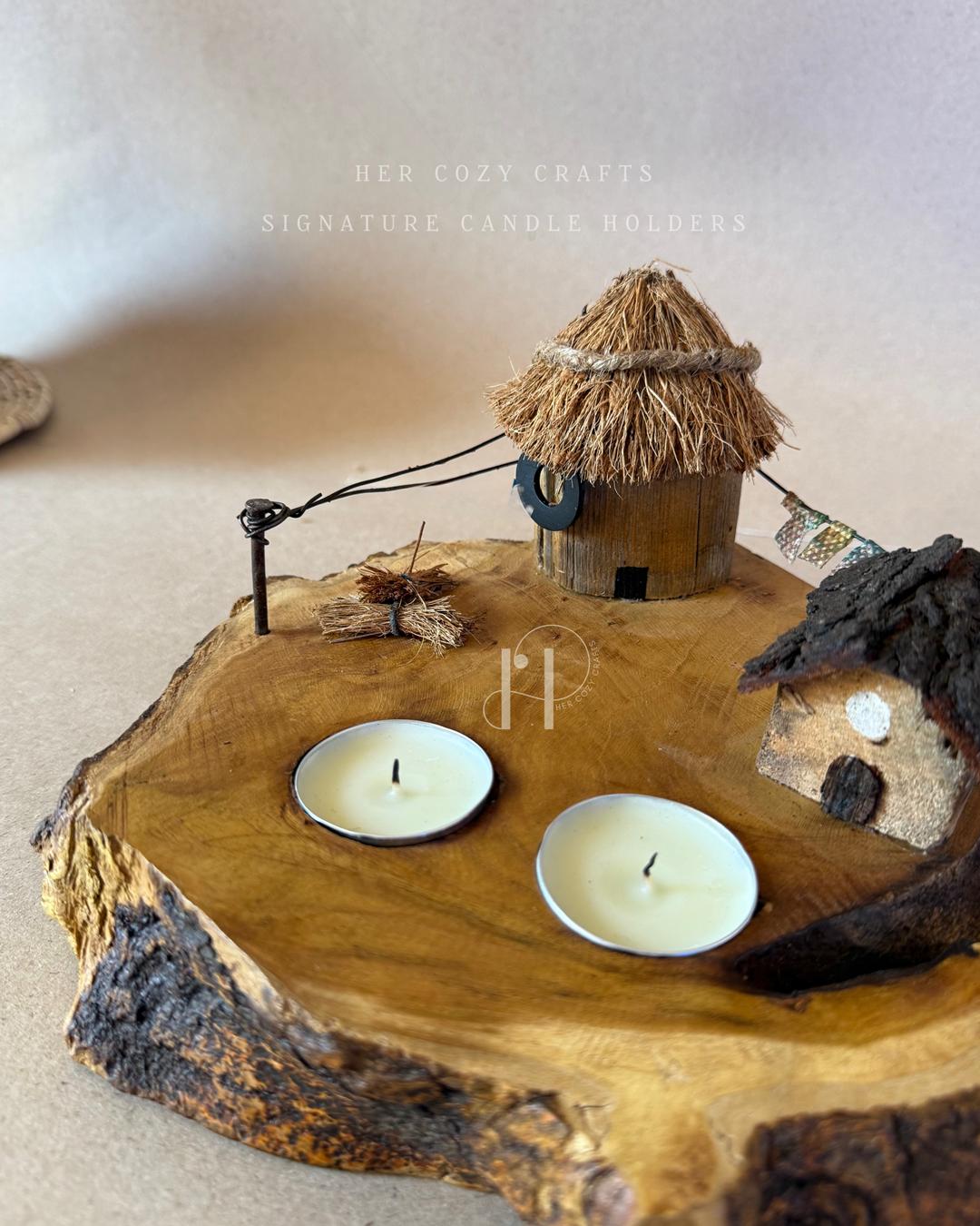 Twinflame Home | Double Tealight Wooden Candle Holder with Miniature Hut Decor