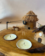 Twinflame Home | Double Tealight Wooden Candle Holder with Miniature Hut Decor