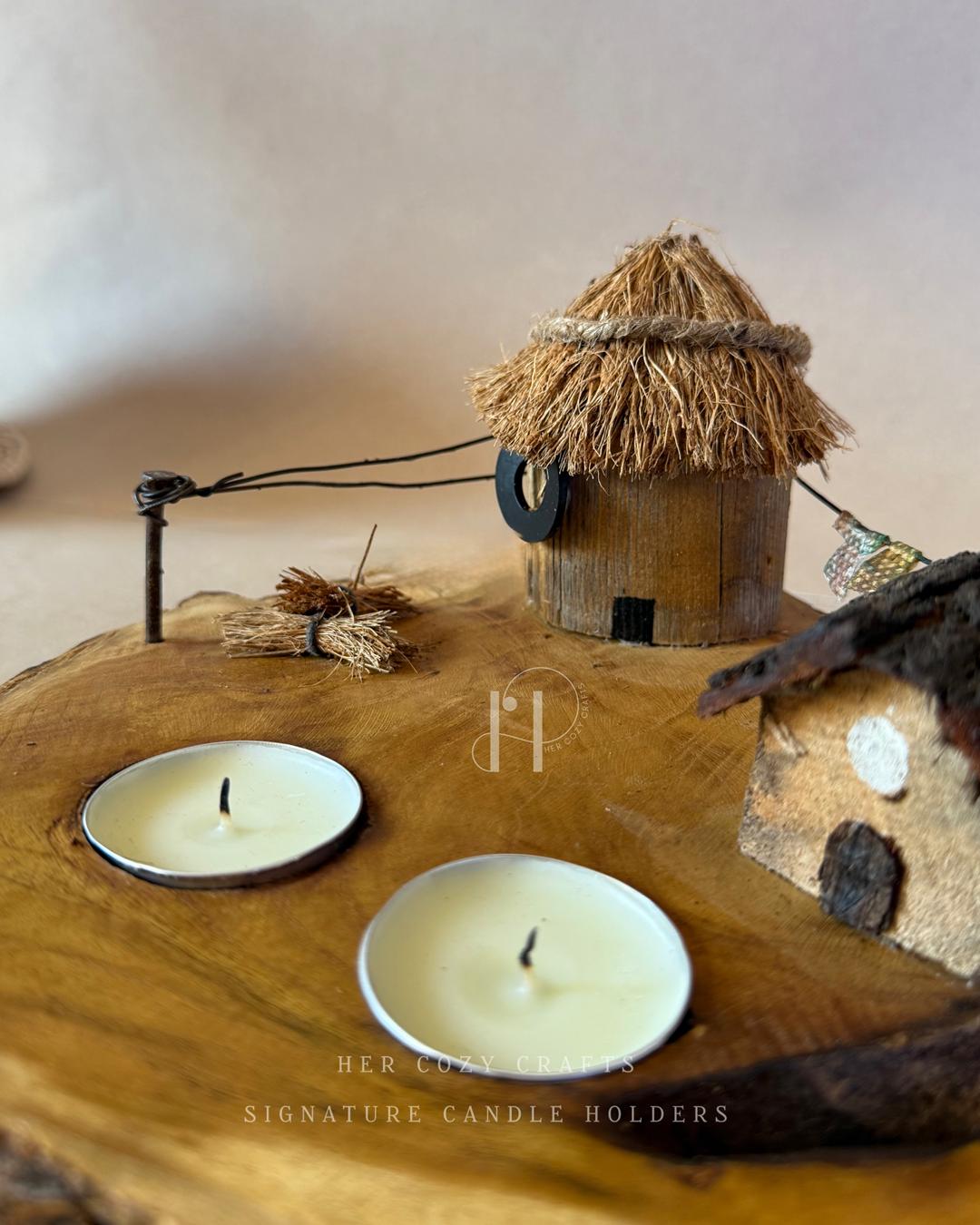 Twinflame Home | Double Tealight Wooden Candle Holder with Miniature Hut Decor