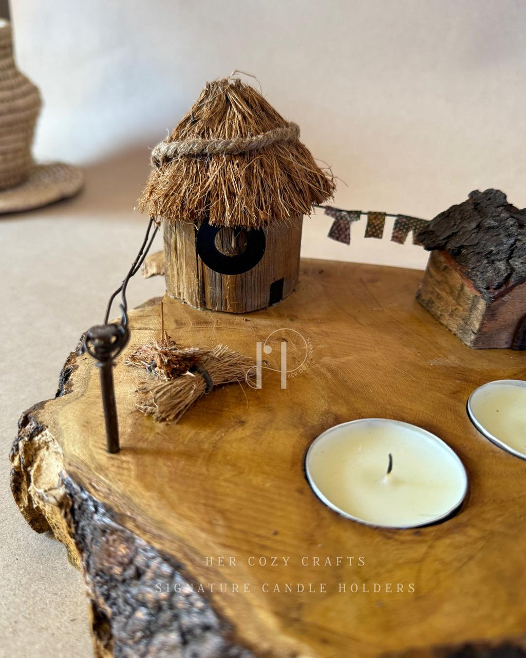 Twinflame Home | Double Tealight Wooden Candle Holder with Miniature Hut Decor