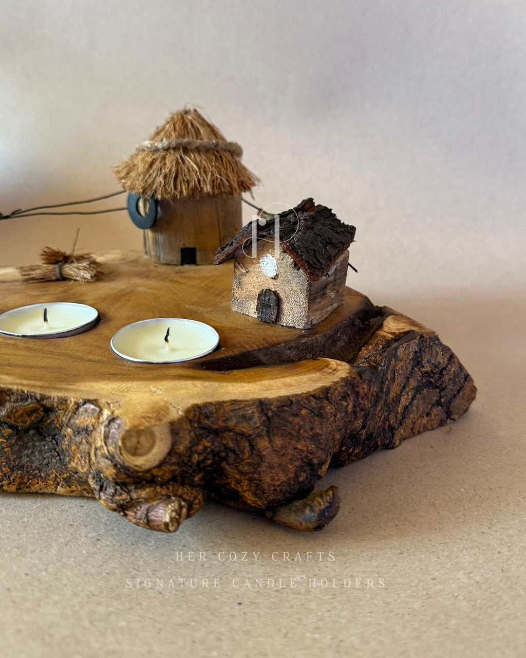 Twinflame Home | Double Tealight Wooden Candle Holder with Miniature Hut Decor