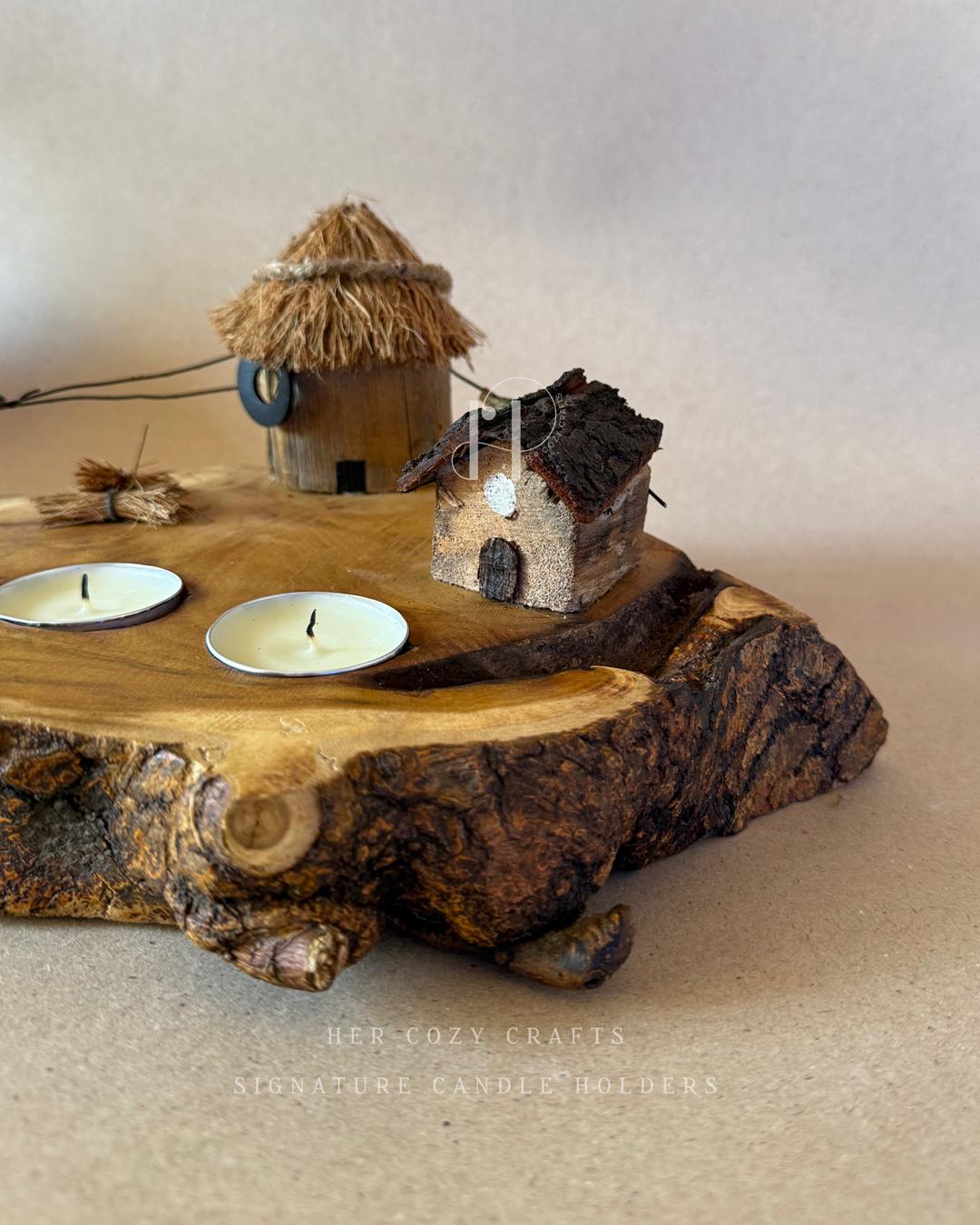 Twinflame Home | Double Tealight Wooden Candle Holder with Miniature Hut Decor