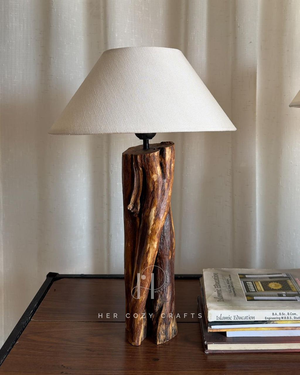 Split Grain Lamp Set - Twin natural wood lamps with off white cone shades