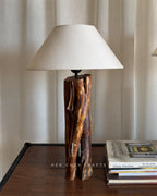 Split Grain Lamp Set - Twin natural wood lamps with off white cone shades
