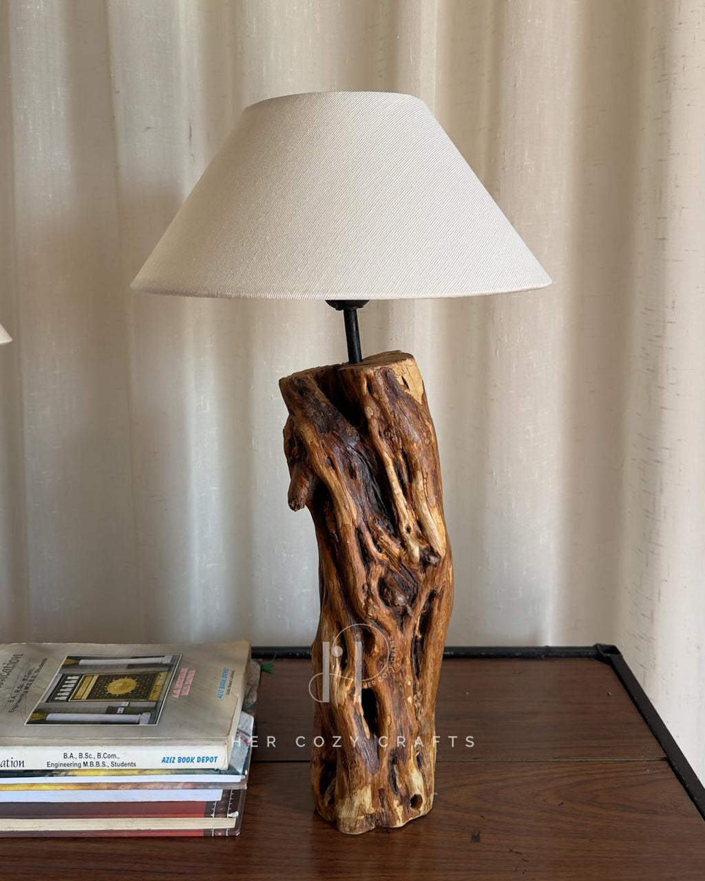 Hollow Grain Lamp - Carved natural wood base with off white cone shade