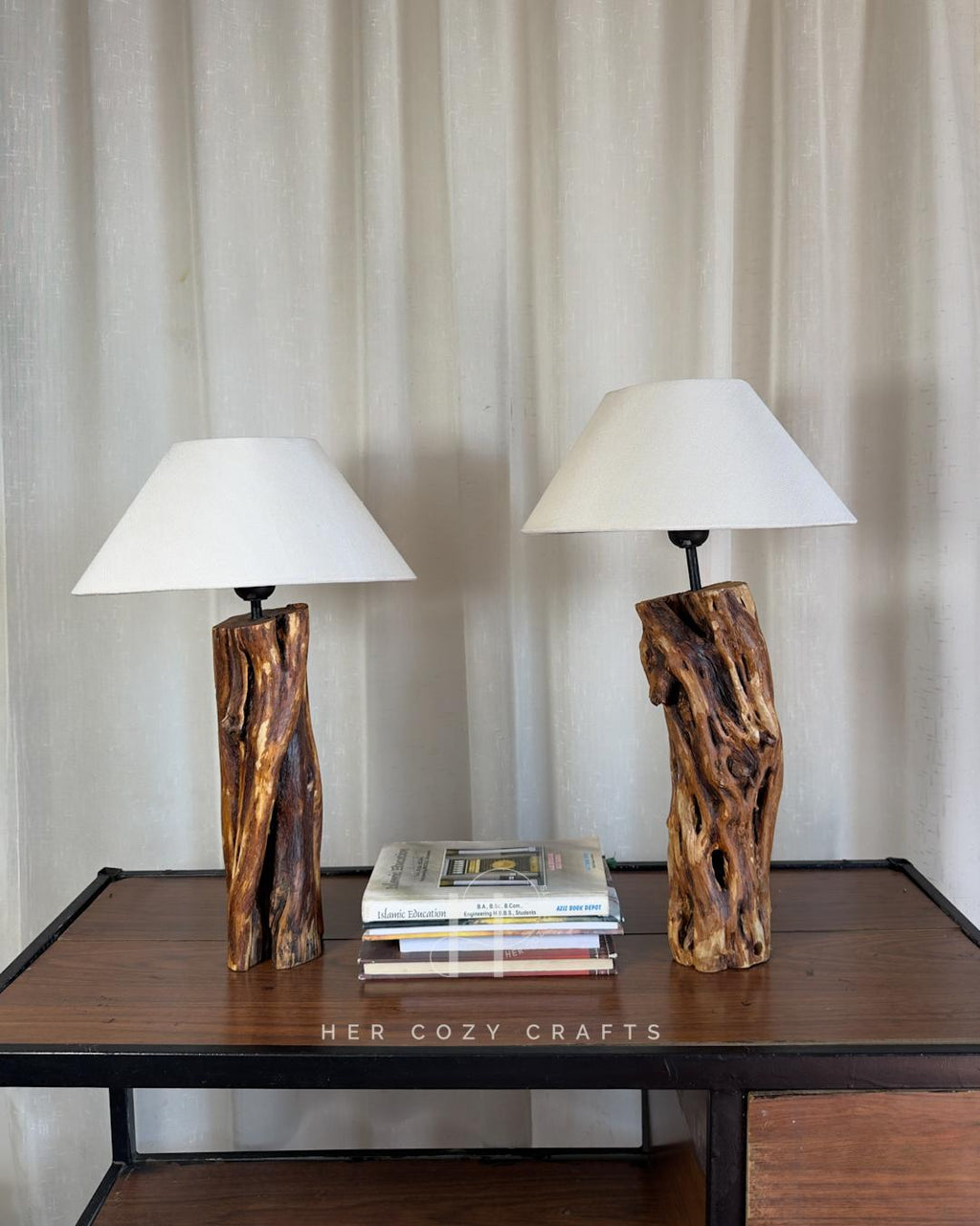 Split Grain Lamp Set - Twin natural wood lamps with off white cone shades