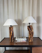 Split Grain Lamp Set - Twin natural wood lamps with off white cone shades