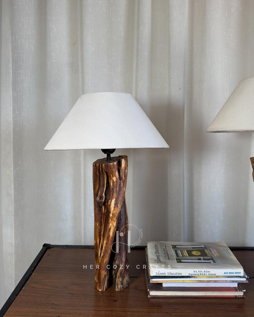 Split Grain Lamp Set - Twin natural wood lamps with off white cone shades