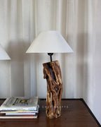 Split Grain Lamp Set - Twin natural wood lamps with off white cone shades