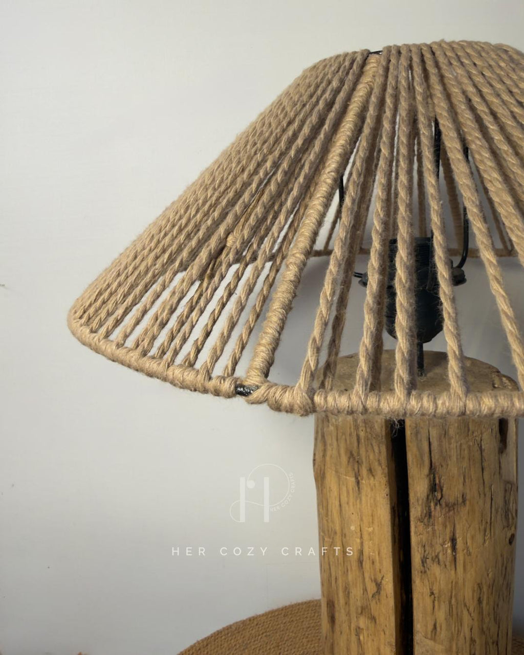 Split Column Lamp - Light wood base with handwoven jute shade